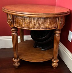 Tommy Bahama Style Round Accent Table With Woven Rattan Drawer & Lower Shelf