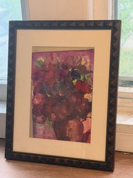 Framed Floral Still Life Watercolor Painting Purple & Red Flowers 12.5' X 15.5'