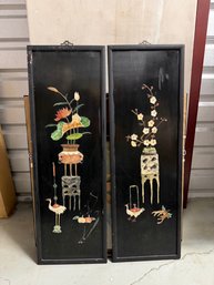 Pair Of Asian Black Lacquer Wall Panels With Floral Vase & Crane Motifs