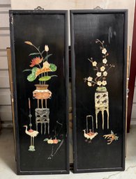 Pair Of Asian Black Lacquer Wall Panels With Floral Vase & Crane Motifs