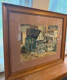 Vintage Framed Signed Watercolor House Landscape Painting Architectural Street Scene 25.5' X 21.5'