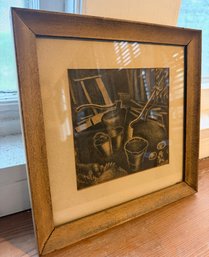 Vintage Framed Still Life Etching Print Kitchen Interior Scene 12' X 12'