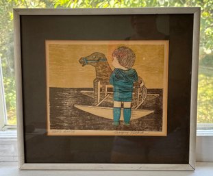 Margery Niblock Signed 'Ian's Horse' Woodblock Print  Framed Child & Horse Artwork