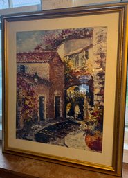 Large Framed European Village Street Scene Oil Painting On Canvas 27.5' X 33.5'