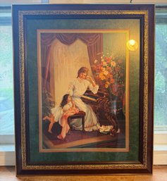 Framed Victorian Mother & Child At Piano Print, Ornate Matted Wall Art 27.5' X 33.5'