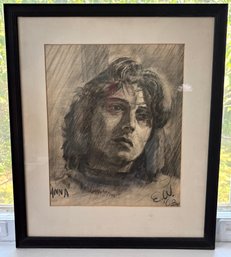 Framed Signed E.W. 1962 Portrait Drawing Titled 'Anna'  Charcoal & Mixed Media