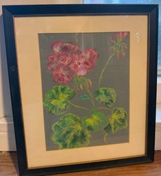 Framed Botanical Floral Pastel Drawing Of Pink Geranium On Black Paper 12' X 14'