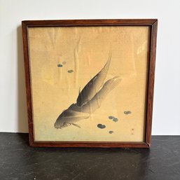 Vintage Japanese Koi Fish Watercolor Painting With Red Seal In Wood Frame