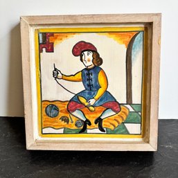 Vintage Hand-Painted Ceramic Tile Folk Art Figure In Rustic Wood Frame