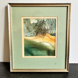 Framed Original Abstract Watercolor Painting In Soft Green Mat & Silver Tone Frame