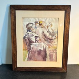 Framed Figurative Watercolor Painting Of Seated Figures