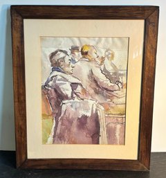 Vintage Original Framed Watercolor Of Seated Figures  Figurative Genre Scene
