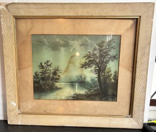 Vintage Framed Moonlit Mountain Lake Landscape Print  Rustic Cabin Wall Art  29'W