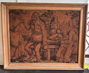 Antique Framed European Figural Tavern Scene Woven Tapestry Wall Hanging, 36' X 29'