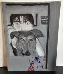 Original Contemporary Portrait Painting Of Woman & Dog On Canvas  Mixed Media Artwork