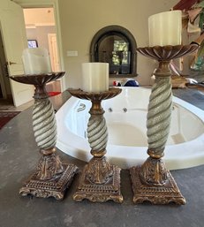 Set Of 3 Decorative Crackle Finish Pillar Candle Holders  Twisted Column Pedestals (One Damaged)