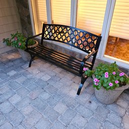 Black Metal Outdoor Garden Bench - Decorative Lattice Back & Slatted Seat