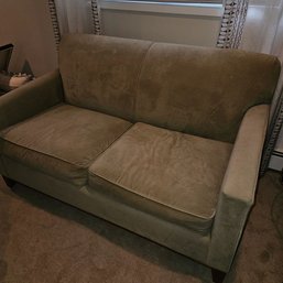 Upholstered 2-Seat Loveseat Sofa - Neutral Taupe Fabric, Track Arms & Wood Legs