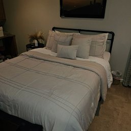 Queen Black Metal Pipe-Style Bed Frame With Mattress, Comforter, Pillows & Bedding Set
