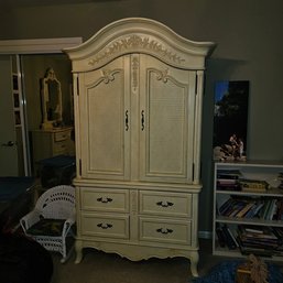 French Provincial Armoire Wardrobe - Ornate Floral Carving, Cane-Style Doors & 4 Drawers