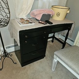Black Writing Desk Vanity With 7 Drawers, Turned Legs & Bronze-Tone Hardware