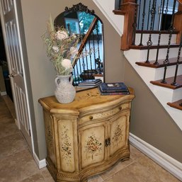 French Provincial Hand-Painted Floral Entryway Cabinet With Ornate Arched Mirror
