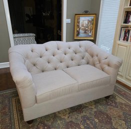 Tufted Chesterfield-Style Loveseat Sofa - Cream Beige Upholstery, Rolled Arms & Wood Legs