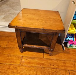 Rustic Wood End Table Side Table With Open Lower Shelf & Turned Feet