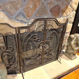 Ornate 3-Panel Folding Metal Fireplace Screen - Scrollwork Mesh Fire Guard