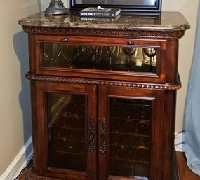 Ornate Wood Wine Bar Cabinet With Dual Wine Coolers, Marble Top, Glass Storage & Stemware Rack Needs Service