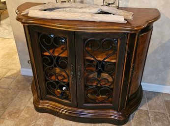Ornate Wood Wine Bar Cabinet - Built-In Bottle Racks, Stemware Storage & Wrought Iron Doors