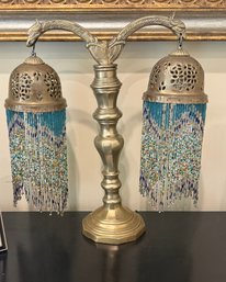 Vintage Brass Dragon Motif Table Lamp With Beaded Fringe Shades Decorative Accent Light