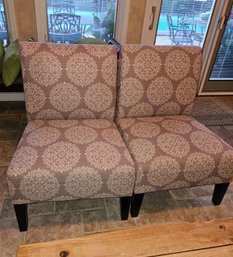 Pair Of Upholstered Armless Accent Chairs - Taupe & Cream Damask Medallion Pattern