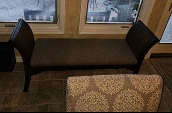 Upholstered Entryway Bench With Woven Backrests - Dark Wood Frame & Brown Cushion