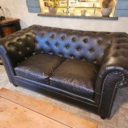 Chesterfield Style Dark Brown Tufted Leather Loveseat - Nailhead Trim Rolled Arms