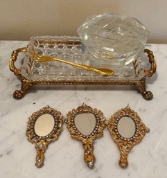 Vintage Vanity Lot 3 Ornate Jeweled Hand Mirrors, Crystal Lidded Box & Glass Tray With Brass Handles
