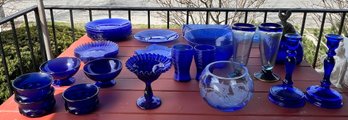 Large Lot Of Cobalt Blue Glassware  32 Pieces (Plates, Bowls, Candlesticks & More)