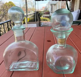 Vintage Glass Decanter Bottle Set (2pc) W/ Ball Stoppers  One Made In Italy, Green Tint Barware