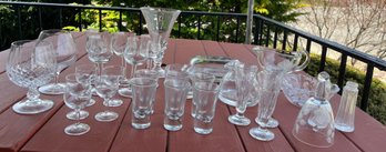 Vintage Mixed Glassware Lot (31 Pieces)- Etched Floral, Shot Glasses, Goblets & Serving Pieces