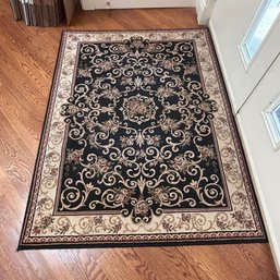 Traditional Oriental Style Area Rug- Black, Ivory & Burgundy Floral Scroll Pattern, Approx. 4' X 5'3'