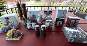 Mixed Salt & Pepper Shaker Lot W/ Dublin Crystal, Farberware, Silver Plate & Vintage Figurals