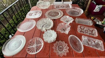 Large Lot Of Vintage Pressed & Cut Glass Serving Dishes  Trays, Plates, Bowls
