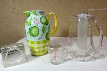 Mixed Kitchenware Lot- Glass Pitcher W/ Infuser, Zrike Hand Painted Pitcher, Pyrex Measuring Cup & Coasters