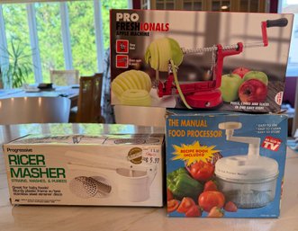 Lot Of 3 Manual Kitchen Tools- Pro Freshionals Apple Machine, Progressive Ricer Masher & Food Processor
