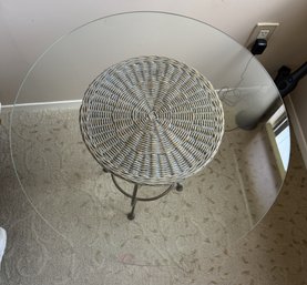 Round Glass Top Accent Side Table With Woven Rattan Center & Fleur-de-Lis Metal Base, 25'W
