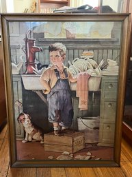 Framed Help Wanted Print After Stuart, Boy At Sink With Puppy