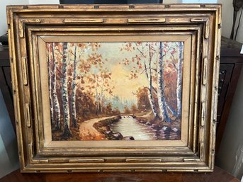 Framed Autumn Woodland Landscape Artwork With Ornate Carved Wood Frame