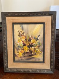Signed Floral Still Life Painting In Carved Wood Frame, Yellow Flower Arrangement