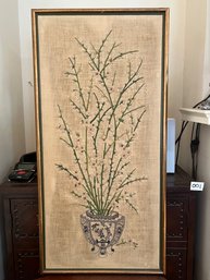 Large Framed Asian Floral Textile Artwork, Embroidered Blossom Branches In Decorative Vase