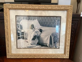 Framed Child & Dog Bedroom Print In Ornate Gold Frame